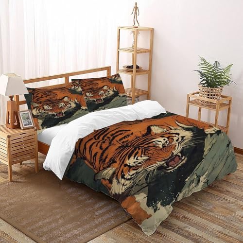 COVDKIDF Tigerfelsen Bettbezug-Set 3 Teilig Für Jungen Und Mädchen 3D-Digitaldruck Animal Theme Wildlife Weiche Mikrofaser Mit Reißverschluss Und Kissenbezug Super King（260x220cm） von COVDKIDF