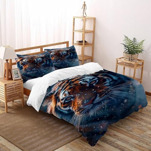 COVDKIDF Tigerschnee Bettwäsche-Sets 3 Teilig Für Jungen Und Mädchen 3D-Digitaldruck Animal Theme Wildlife Weiche Mikrofaser Mit Reißverschluss Und Kissenbezug Super King（260x220cm） von COVDKIDF