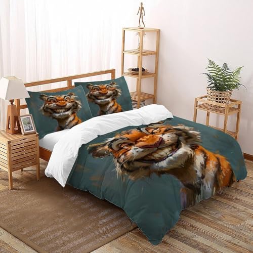 COVDKIDF Tigersmiley Bettwäsche Set 3-teilig Animal Theme Wildlife Kinderbettwäsche Mit Kissenbezügen Betten Set Für Jugendliche Kinder Schlafzimmer Super King（260x220cm） von COVDKIDF