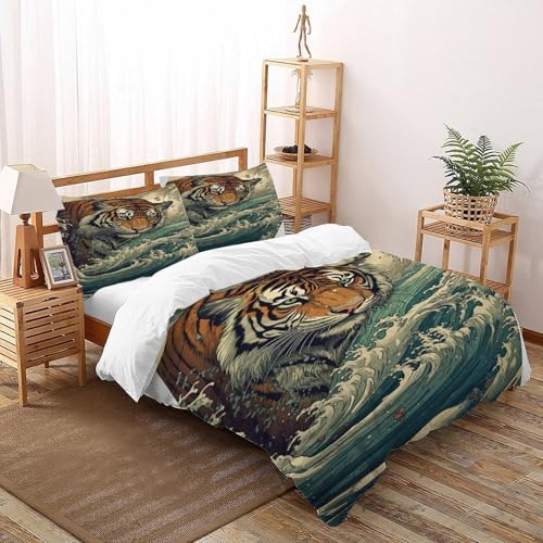 COVDKIDF Tigerwelle Bettbezug 3-teilig Animal Theme Wildlife Kinderbettwäsche-Set Reißverschluss Mit Kissenbezug Betten Set Für Jungen Und Mädchen,Kinder Super King（260x220cm） von COVDKIDF