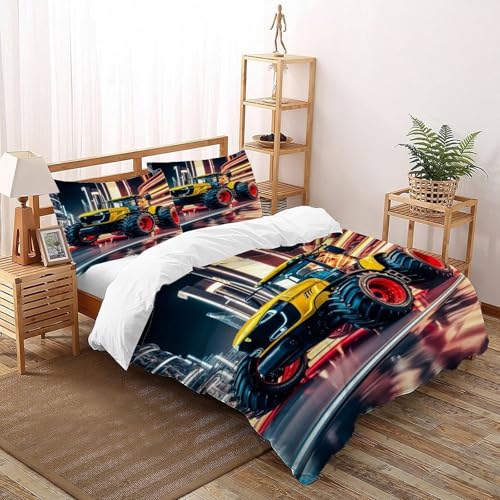 COVDKIDF Traktor Stadtbild Bettwäsche Set 3 Teilig Für Jungen Und Mädchen 3D-Digitaldruck Sports Theme Car Microfaser Mit Reißverschluss Und Kissenbezug Super King（260x220cm） von COVDKIDF
