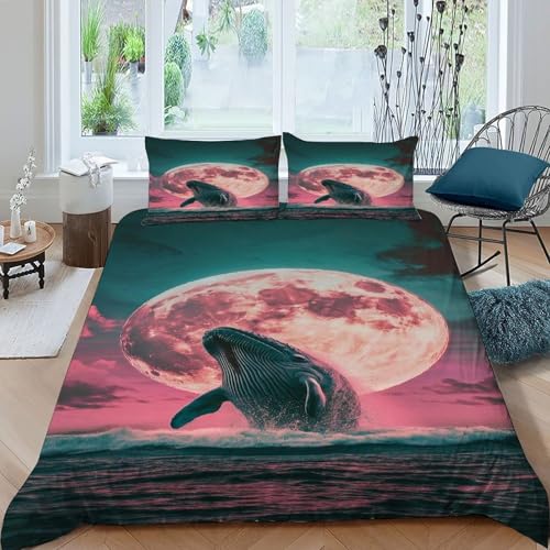 COVDKIDF Whale Mond Bettwäsche Set 3 Teilig Für Jungen Und Mädchen 3D-Digitaldruck Animal Theme Marine Animal Microfaser Mit Reißverschluss Und Kissenbezug King（220x240cm） von COVDKIDF