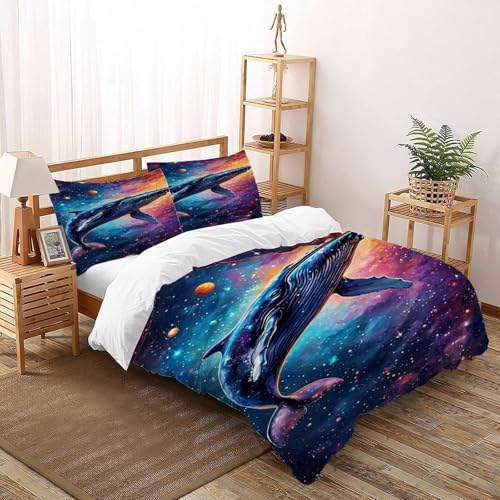 COVDKIDF Whale Nebel Bettbezug Set 3 Teilig Kinderbettwäsche Mit Kissenbezug Animal Theme Marine Animal Betten Set Für Jugendliche Kinder Schlafzimmer Double（200x200cm） von COVDKIDF