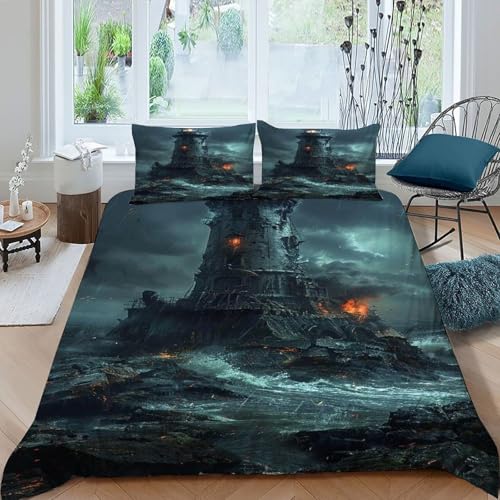 COVETRIL Leuchtturm Sturm Bettwäsche-Sets 3 Teilig Für Jungen Und Mädchen 3D Druck Gothic Themes Weiche Mikrofaser Und Kissenbezug Mit Reißverschluss King（220x240cm） von COVETRIL