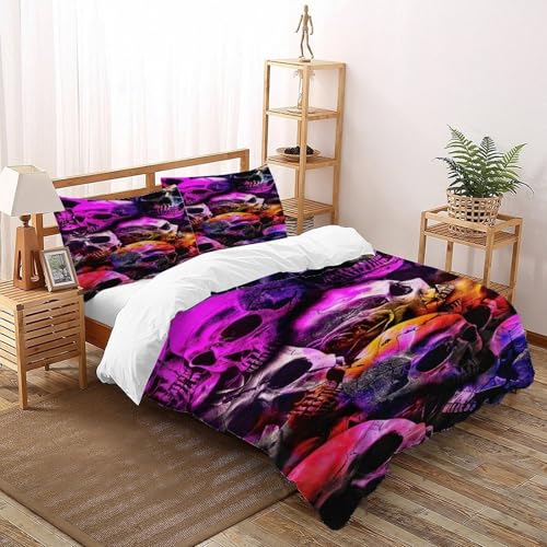 COVETRIL Totenköpfe Farben Bettwäsche Double（200x200cm） Set 3 Teilig,Gothic Themes Mikrofaser Bettbezug Und Kissenbezüge Mit Reißverschluss von COVETRIL
