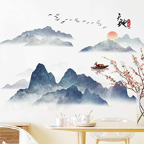 COVPAW® Wandtattoo Wandaufkleber XXL Berg Chinesische Malerei Gemälde Landschaft Wandsticker Wandbild Bilder Wohnzimmer Schlafzimmer Deco von COVPAW