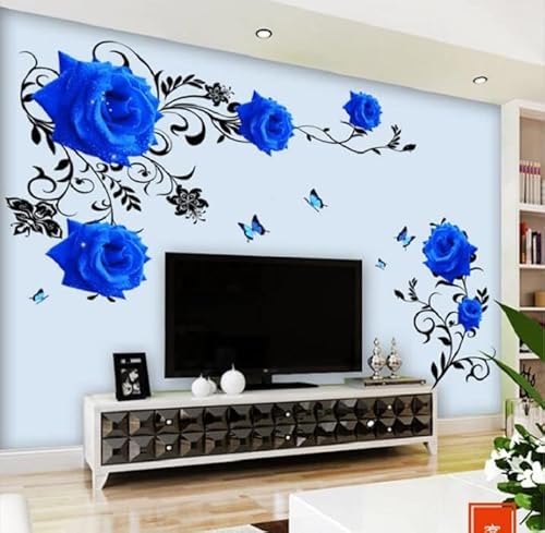 COVPAW® Wandtattoo Wandaufkleber XXL Blau Rosen Blumen Ranke Wandsticker Wandbild Bilder Wohnzimmer Schlafzimmer Deco von COVPAW
