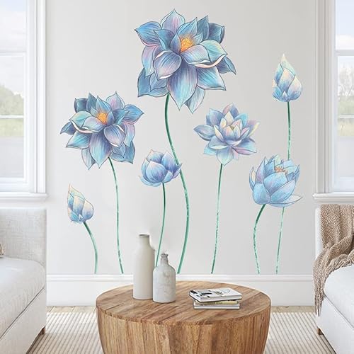 COVPAW® Wandtattoo Wandaufkleber XXL Blumen Blau Lotus Skizzieren Wandsticker Wandbild Bilder Wohnzimmer Schlafzimmer Poster Mural Home Decor von COVPAW