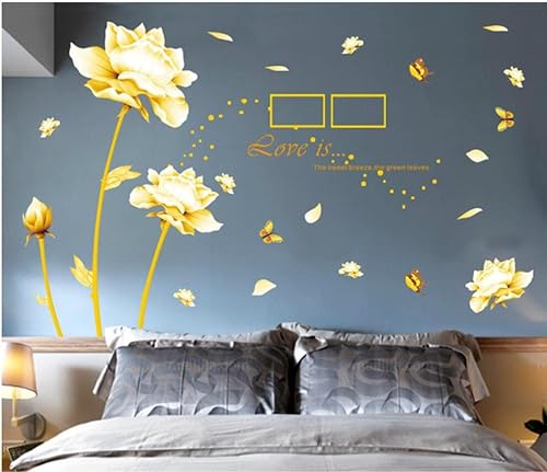 COVPAW® Wandtattoo Wandaufkleber XXL Blumen Gold Gelb Pfingstrose Wandsticker Wandbild Bilder Wohnzimmer Schlafzimmer Poster Mural Home Decor von COVPAW