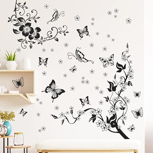 COVPAW® Wandtattoo Wandaufkleber XXL Blumen Ranke Schmetterling Wandsticker Wandbild Bilder Wohnzimmer Schlafzimmer Deco von COVPAW