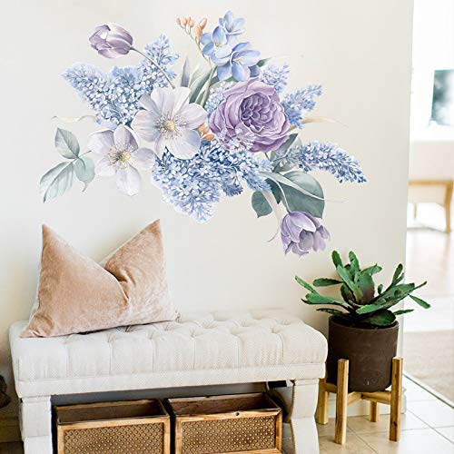 COVPAW® Wandtattoo Wandaufkleber XXL Gemalte Pfingstrose Lila Blau Blumen Wandsticker Wandbild Bilder Wohnzimmer Schlafzimmer Deco von COVPAW