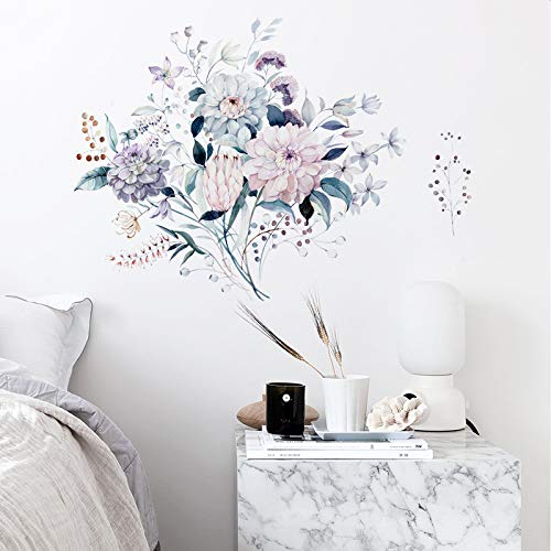 COVPAW® Wandtattoo Wandaufkleber XXL Gemalte Pfingstrose Rosa Blau Blumen Wandsticker Wandbild Bilder Wohnzimmer Schlafzimmer Deco von COVPAW