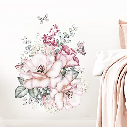 COVPAW® Wandtattoo Wandaufkleber XXL Gemalte Rosen Pfingstrose Rosa Blumen Wandsticker Wandbild Bilder Wohnzimmer Schlafzimmer Deco von COVPAW