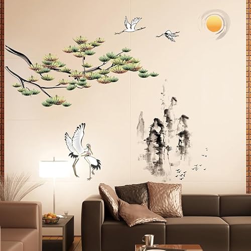 COVPAW® Wandtattoo Wandaufkleber XXL Kiefern und Kraniche Berg Chinesische Malerei Japanisch Gemälde Wandsticker Wandbild Bilder Wohnzimmer Schlafzimmer Deco von COVPAW