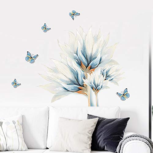 COVPAW® Wandtattoo Wandaufkleber XXL Lilie Blau Schmetterling Blumen Wandsticker Wandbild Bilder Wohnzimmer Schlafzimmer Deco von COVPAW