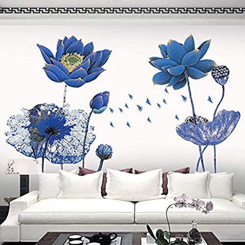 COVPAW® Wandtattoo Wandaufkleber XXL Lotus Blau Lotusblatt Blumen Wandsticker Wandbild Bilder Wohnzimmer Schlafzimmer Deco von COVPAW