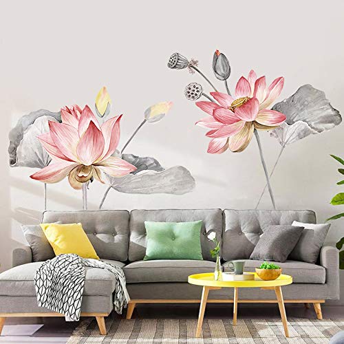 COVPAW® Wandtattoo Wandaufkleber XXL Lotus Rosa Lotusblatt Blumen Wandsticker Wandbild Bilder Wohnzimmer Schlafzimmer Deco von COVPAW