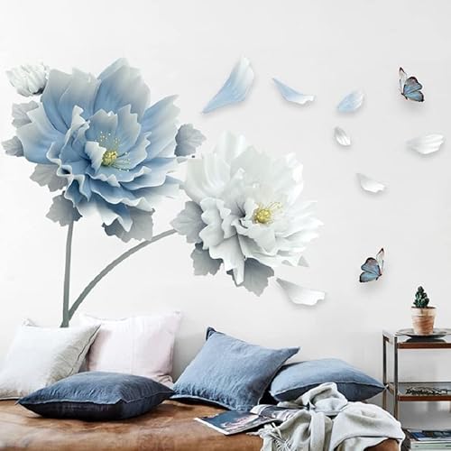 COVPAW® Wandtattoo Wandaufkleber XXL Pfingstrose Blau Blumen Wandsticker Wandbild Bilder Wohnzimmer Schlafzimmer Deco von COVPAW