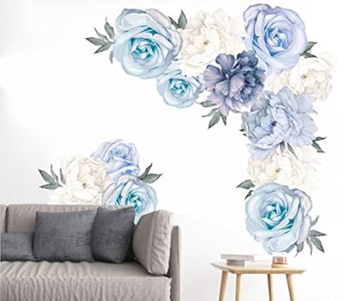 COVPAW® Wandtattoo Wandaufkleber XXL Pfingstrose Blumen Ranke Rosen Blau Wandsticker Wandbild Bilder Wohnzimmer Schlafzimmer Deco von COVPAW