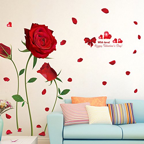 COVPAW® Wandtattoo Wandaufkleber XXL Rosen Rot Blumen Wandsticker Wandbild Bilder Wohnzimmer Schlafzimmer Deco von COVPAW