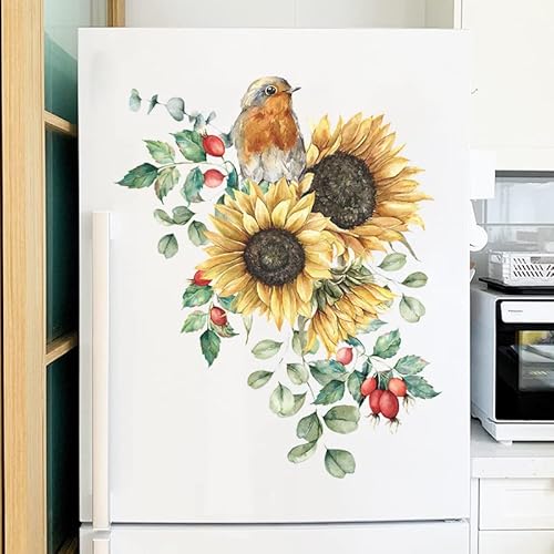 COVPAW® Wandtattoo Wandaufkleber XXL Sonnenblumen Vogel Gelb Wandsticker Wandbild Bilder Wohnzimmer Schlafzimmer Poster Mural Home Decor von COVPAW