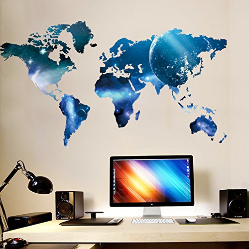 COVPAW® Wandtattoo Wandaufkleber XXL Weltkarte World Map Blau Planet Wandsticker Wandbild Bilder Wohnzimmer Schlafzimmer Poster Mural Home Decor von COVPAW