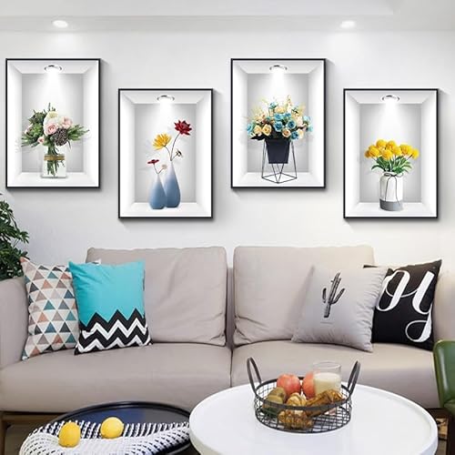 COVPAW 4 Stück 3D Wandbilder Selbstklebend Wandaufkleber Vase Wandtattoo Blumen Pflanzen Wandabziehbilder Haus Wanddeko Wohnzimmer Schlafzimmer Wanddeko (4 Blumen Vasen) von COVPAW