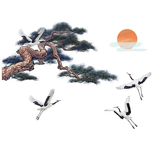 COVPAW Wandtattoo Natur Kraniche Kiefer Sonne Chinesisch Malerei Wohnzimmer Wandaufkleber Schlafzimmer Japanisch Wandsticker Kinderzimmer Küche Büro Wanddekoration von COVPAW