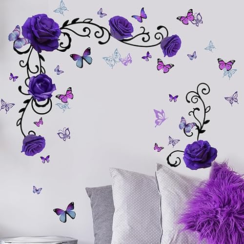 COVPAW Wandtattoo Wohnzimmer Lila Rosen Rebe Schmetterlingen Wandaufkleber Schlafzimmer Wandsticker Kinderzimmer Küche Büro Wanddekoration von COVPAW