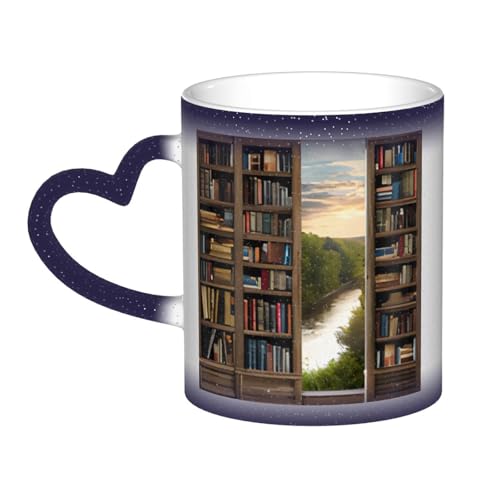 Kaffeetasse mit niedlichem Bücherregal, 325 ml, 3D-gedrucktes Muster, wärmewechselnde Tasse, farbwechselnde Tasse im Himmel, Keramik-Kaffeetassen, lustige Tassen von COWMMWOC