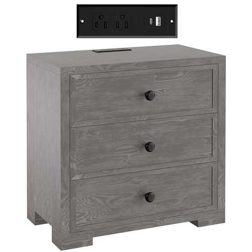 COWMOU Nachttisch mit Schubladen 3 Schubladen Nachttisch mit Ladestation Bauernhausstil Großes Bett Beistelltisch Holzkommode für Schlafzimmer Wohnzimmer (1, Graue Maserung) von COWMOU