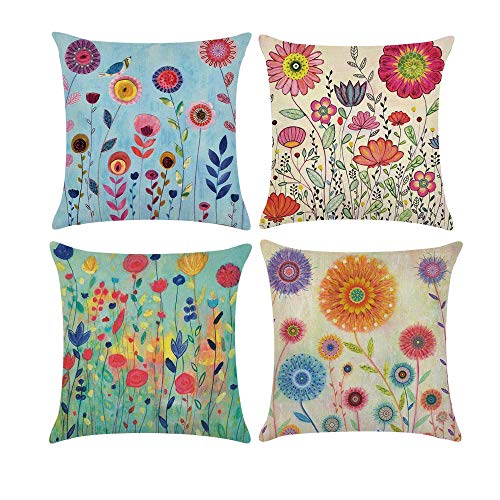 COWORK-UP 4er Set kissenbezüge 45x45cm Kissenbezug Bunte Blume Dekorative kissenhüllen für Schlafzimmer Wohnzimmer Büro Garten Sofa, Baumwolle Leinen Zierkissenbezug mit unsichtbarem Reißverschluß von COWORK-UP