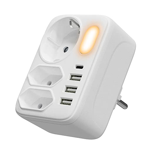 COYOUCO USB Steckdose mit Nachtlicht, 8 in 1 Triple Plug Adapter mit 3 USB und 1 Type-C und Nachtlicht, Wandsteckdose für Haushaltsgeräte, Handys, Tablets, Weiß von COYOUCO