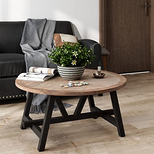 COZAYH Rustikaler Bauernhaus-Couchtisch mit geometrischem Sockel, französischer Landhaus-Akzenttisch für Familie, Esszimmer oder Wohnzimmer, modern, rund von COZAYH