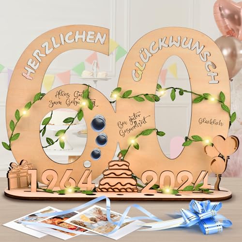 COZCLAM 60.Geldgeschenke Geburtstag Frauen & Männer, 2024 Schreiben Geburtstag Holz-Schild Gästebuch, 60.Geburtstag Deko Mit LED Lichterketten, Geschenktasche Und Schleife, Für Geburtstag, Jubiläum von COZCLAM