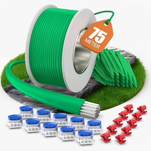 COZCLAM 75m Universal Begrenzungskabel Mähroboter mit 50 Erdspieße + 10 Kabelverbinder + 10 Anschlussklemmen, Rasenroboter Zubehör Set mit Begrenzungsdraht, Kompatibel mit Gardena/Bosch/Worx von COZCLAM