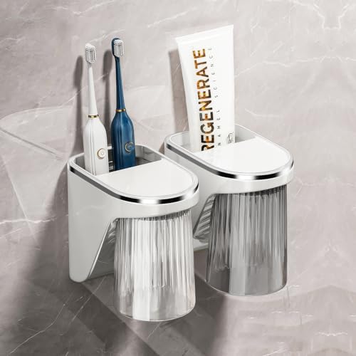COZHYESS 2 Stück Zahnbecherhalter, ohne Bohren, Zahnbürstenhalter Mit Magnetischem Becher, Zahnputzbecher Kunststoff, Zahnputzbecher Kinder Zahnputzhalter, für Familie von COZHYESS