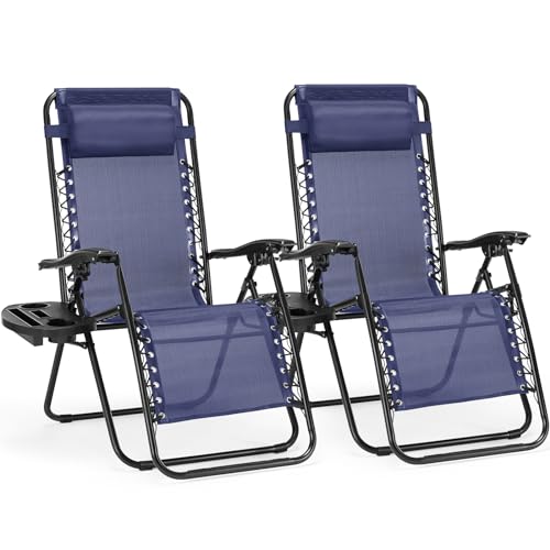 COZIFURNI Set mit 2 tragbaren Liegestühlen, für Strand, Camping, Terrasse, Outdoor, Klappstuhl, Zero Gravity Stühle mit Getränkehalter und verstellbarem Kissen für Pool, Garten, Hinterhof, Rasen, Blau von COZIFURNI