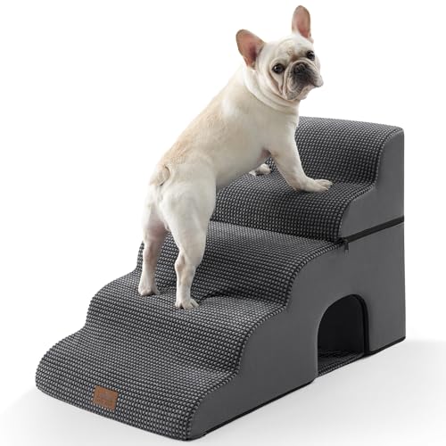COZY KISS Hundetreppe für Kleine Hunde, Haustiertreppe für Hochbett aus Hochdichtem Schwamm, Hunde Treppe Hunderampe mit Waschbarem Bezug (Schwarz und Grau, 84 × 50 × 57 cm, 5) von COZY KISS