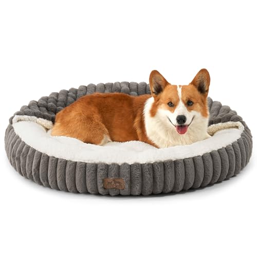 COZY KISS Katzenbett Flauschig, Rund Weiches Höhle mit Kapuze, für Katzen und Welpen Maschinen Waschbares Kunstfell mit Rutschfester Unterseite Hundebett (Grau, 66x66x18cm) von COZY KISS