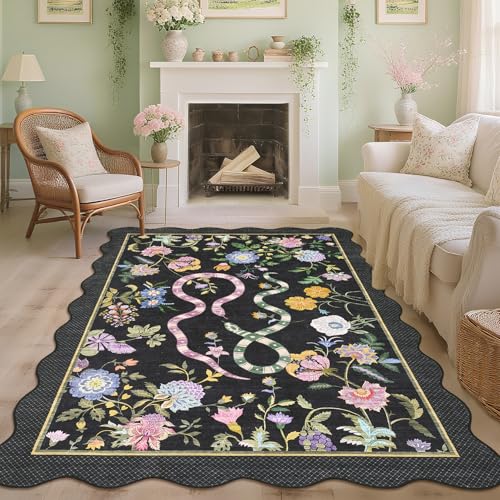 COZYLOOM Farmhouse Teppich, Blumenmuster, rutschfest, Schlangenmuster, Wohnzimmerteppich, fusselfrei, niedriger Flor, faltbar, gewellt, für Innenbereich, Schlafzimmer, Küche, Esszimmer, Schwarz COZYLOOM Farmhouse Teppich, Blumenmuster, rutschfest, Schlangenmuster, Wohnzimmerteppich, fusselfrei, niedriger Flor, faltbar, gewellt, für Innenbereich, Schlafzimmer, Küche, Esszimmer, Schwarz von COZYLOOM