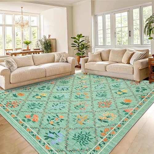 COZYLOOM Großer Esszimmerteppich, leicht zu reinigen, niedriger Flor, für den Innenbereich, schmutzabweisend, Blumendruck, Bodenmatte, Bauernhaus-Akzent-Teppiche für Wohnzimmer, Büro, Grün von COZYLOOM