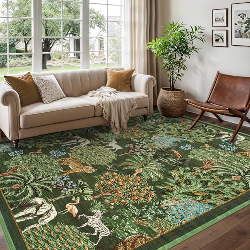 COZYLOOM Großer Wohnzimmerteppich, waschbar, ultraweich, floraler Teppich mit Rutschfester Unterseite, niedriger Flor, fusselfrei, dünner Bodenbezug, Dschungeltiere, moderner Teppich für Kinderzimmer von COZYLOOM