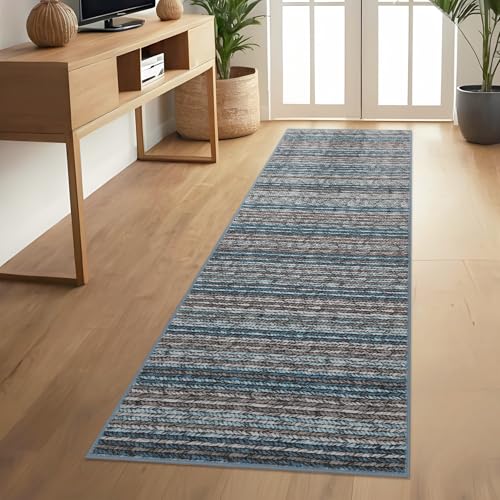 COZYLOOM Läufer für Flur, 5 x 15 cm, modern, blau, Küchenteppich, rutschfest, waschbar, weich, abstrakt, gestreift, Übergangs-Nachttisch, geflochtener Läufer für Küche, Schlafzimmer von COZYLOOM