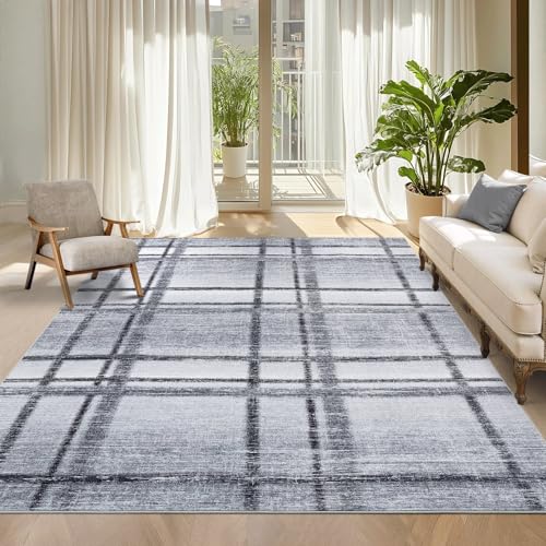 COZYLOOM Moderner Karierter Teppich, groß, waschbar, für Wohnzimmer, Schlafzimmer, weicher Esstisch, fusselfrei, faltbar, für Büro, Kinderzimmer, Heimdekoration, Hellgrau von COZYLOOM