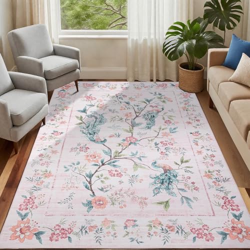 COZYLOOM Waschbare Teppiche für Schlafzimmer, 12,7 x 17,8 cm, ultraweich, Blumenmuster, Pfauenmuster, schmutzabweisend, Bauernhaus-Teppich für den Innenbereich, mit Rutschfester Unterseite, Faltbarer COZYLOOM Waschbare Teppiche für Schlafzimmer, 12,7 x 17,8 cm, ultraweich, Blumenmuster, Pfauenmuster, schmutzabweisend, Bauernhaus-Teppich für den Innenbereich, mit Rutschfester Unterseite, Faltbarer von COZYLOOM
