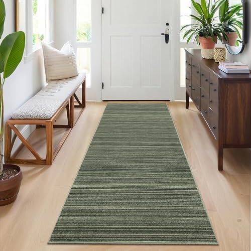 COZYLOOM Waschbarer Läufer, 5 x 15 cm, modern, gestreift, neutraler Flurteppich, rutschfest, weich, fusselfrei, niedriger Flor, dünn, faltbar, Bedruckte Matte für Küche, Waschküche, Grün von COZYLOOM