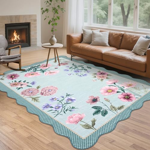COZYLOOM Waschbarer Teppich, 12,7 x 17,8 cm, Bauernhaus-Blumenmuster, Wohnzimmerteppich mit Rutschfester Gummi-Unterseite, gewellter bedruckter Teppich, weich, fusselfrei, Faltbare Bodenmatten von COZYLOOM