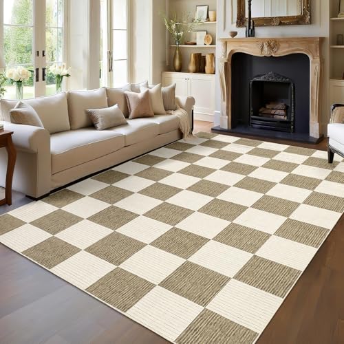 COZYLOOM Waschbarer Wohnzimmerteppich, groß, modern, Schachbrett-Teppich mit Rutschfester Unterseite, schmutzabweisend, Schlafzimmerteppich, zeitgenössische geometrische Fußmatten für Esszimmer von COZYLOOM