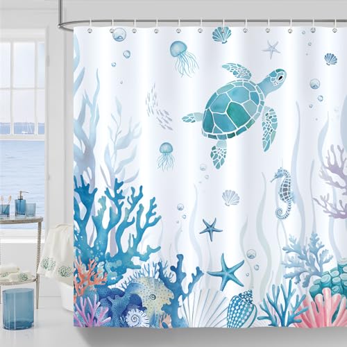 COZZSNUGE Duschvorhang 180 x 180 cm Meeresschildkröte, Fisch Koralle Blau Ozean Küsten Duschvorhänge Anti-schimmel Wasserdicht Polyester Badvorhang mit 12 Duschvorhangringen von COZZSNUGE